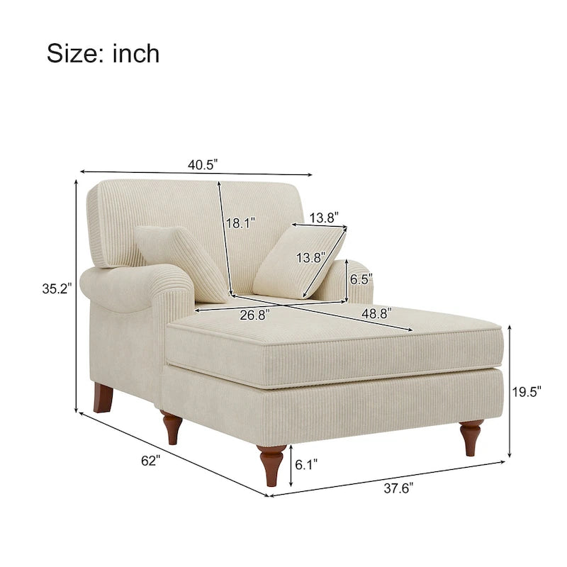 Chauffeuse da interno oversize da 103 cm con cuscini, braccioli arrotolati e velluto a coste, beige