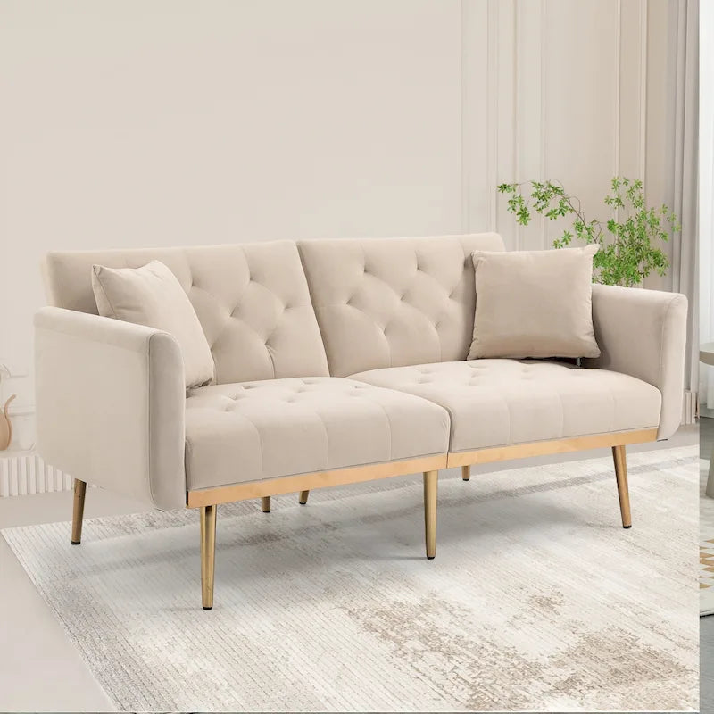 Divano letto doppio con seduta in velluto imbottito, trapuntato e con base in metallo, in stile minimalista per soggiorno