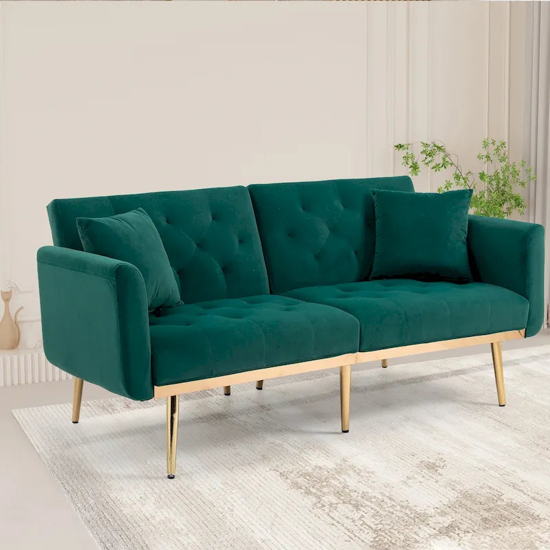 Divano letto doppio con seduta in velluto imbottito, trapuntato e con base in metallo, in stile minimalista per soggiorno