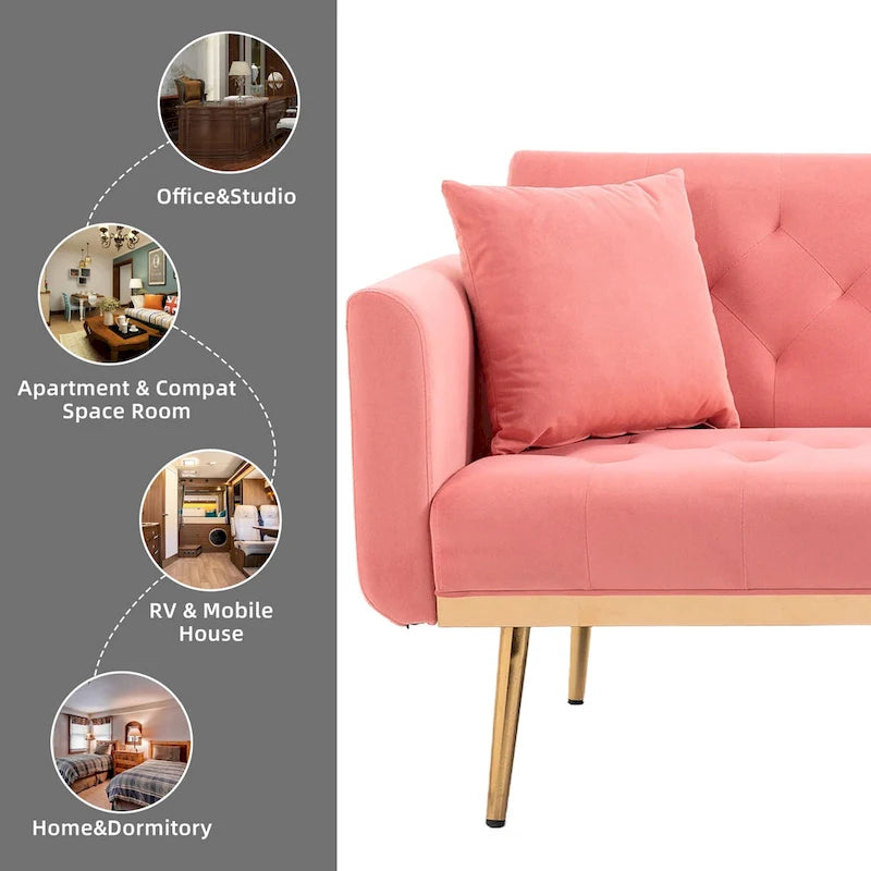 Divano letto doppio con seduta in velluto imbottito, trapuntato e con base in metallo, in stile minimalista per soggiorno