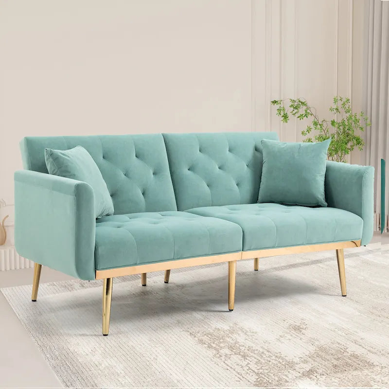 Divano letto doppio con seduta in velluto imbottito, trapuntato e con base in metallo, in stile minimalista per soggiorno