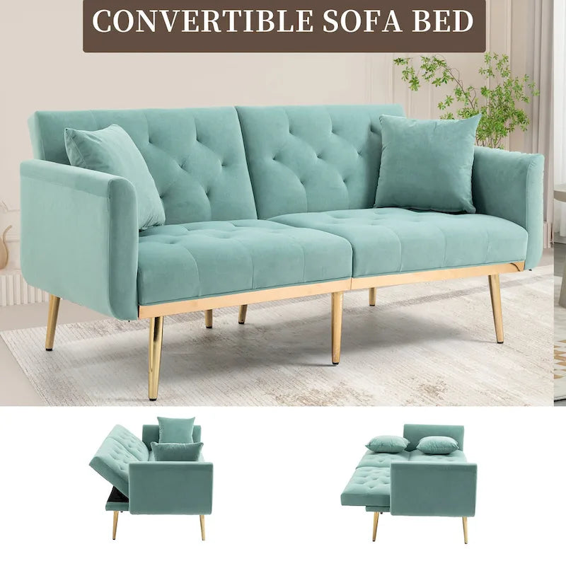 Divano letto doppio con seduta in velluto imbottito, trapuntato e con base in metallo, in stile minimalista per soggiorno