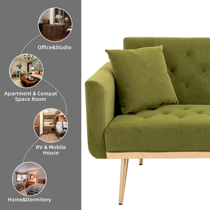 Divano letto doppio con seduta in velluto imbottito, trapuntato e con base in metallo, in stile minimalista per soggiorno