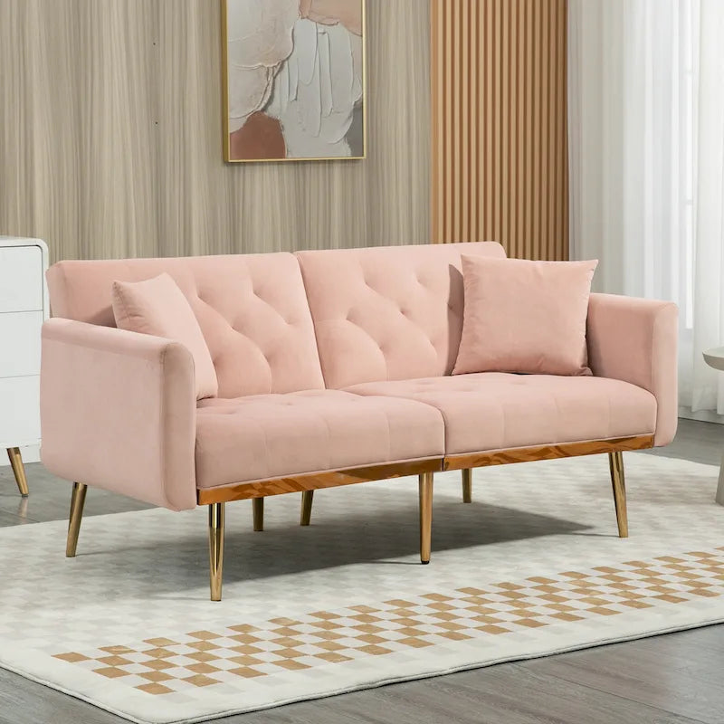 Divano letto doppio con seduta in velluto imbottito, trapuntato e con base in metallo, in stile minimalista per soggiorno