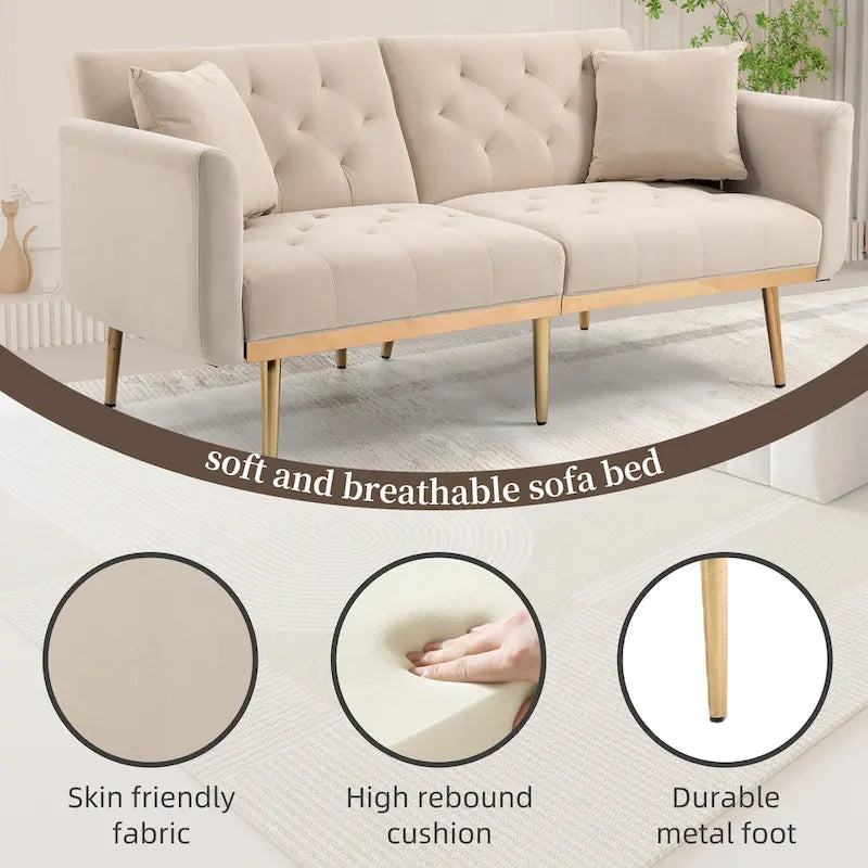 Divano letto doppio con seduta in velluto imbottito, trapuntato e con base in metallo, in stile minimalista per soggiorno