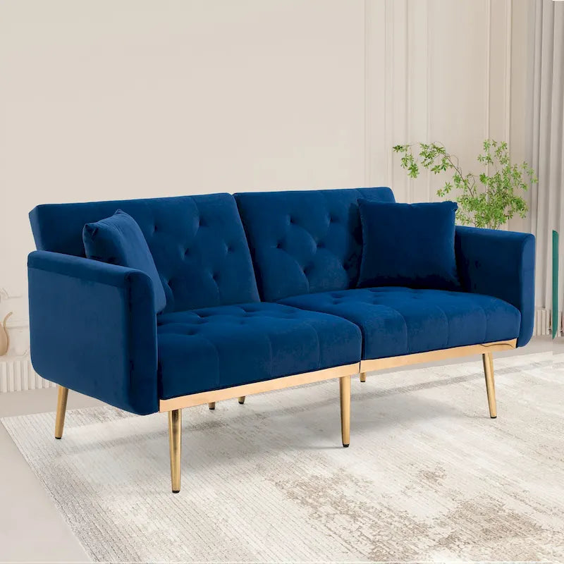 Divano letto doppio con seduta in velluto imbottito, trapuntato e con base in metallo, in stile minimalista per soggiorno