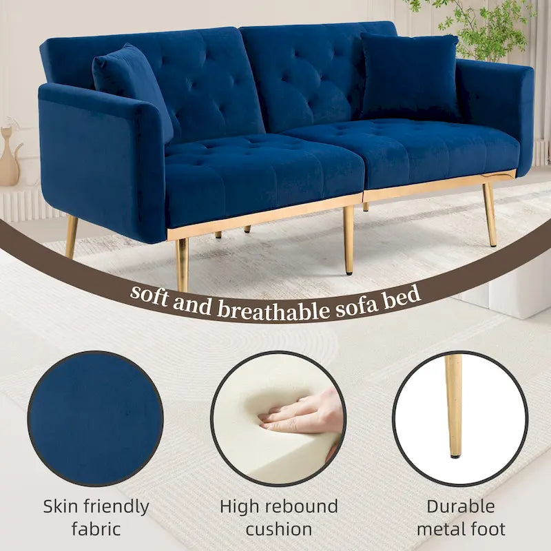 Divano letto doppio con seduta in velluto imbottito, trapuntato e con base in metallo, in stile minimalista per soggiorno