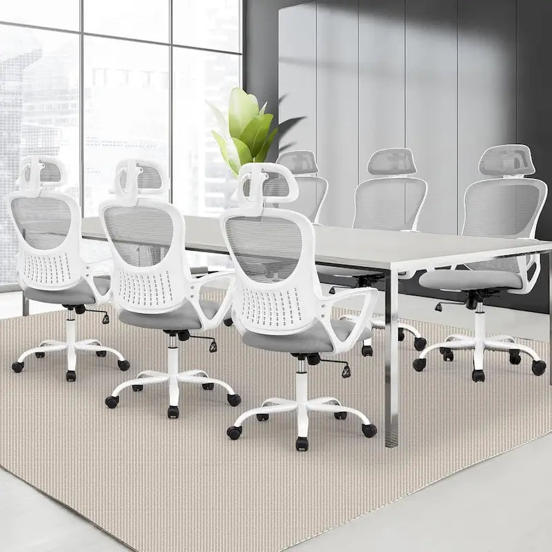 Sedia da Ufficio Ergonomica, Comoda Sedia da Scrivania per Computer in Rete con Schienale Alto e Braccioli Fissi e Poggiatesta Regolabile, Sedia Girevole con Ruote