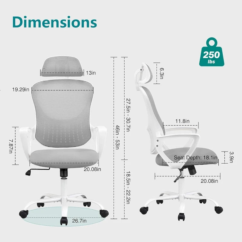 Sedia da Ufficio Ergonomica, Comoda Sedia da Scrivania per Computer in Rete con Schienale Alto e Braccioli Fissi e Poggiatesta Regolabile, Sedia Girevole con Ruote