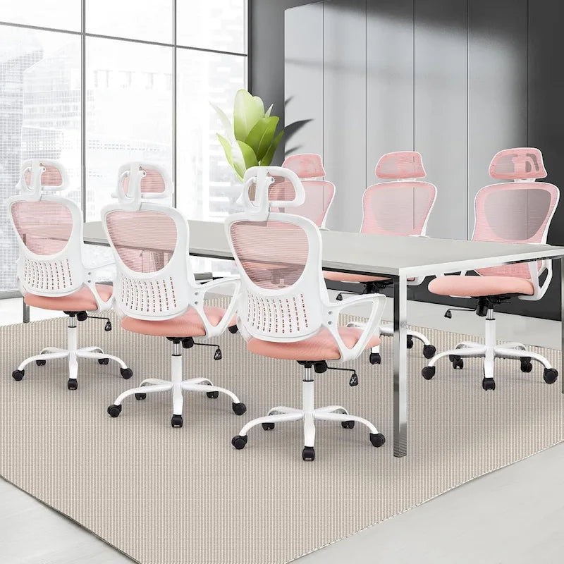 Sedia da Ufficio Ergonomica, Comoda Sedia da Scrivania per Computer in Rete con Schienale Alto e Braccioli Fissi e Poggiatesta Regolabile, Sedia Girevole con Ruote