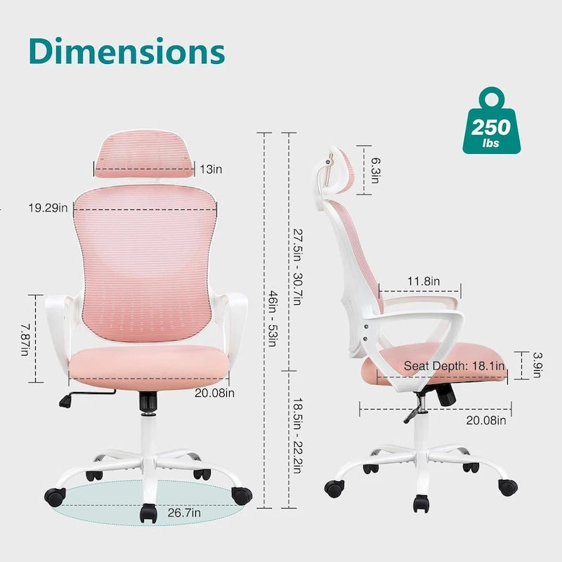 Sedia da Ufficio Ergonomica, Comoda Sedia da Scrivania per Computer in Rete con Schienale Alto e Braccioli Fissi e Poggiatesta Regolabile, Sedia Girevole con Ruote