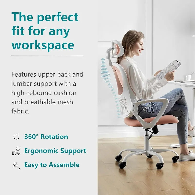 Sedia da Ufficio Ergonomica, Comoda Sedia da Scrivania per Computer in Rete con Schienale Alto e Braccioli Fissi e Poggiatesta Regolabile, Sedia Girevole con Ruote
