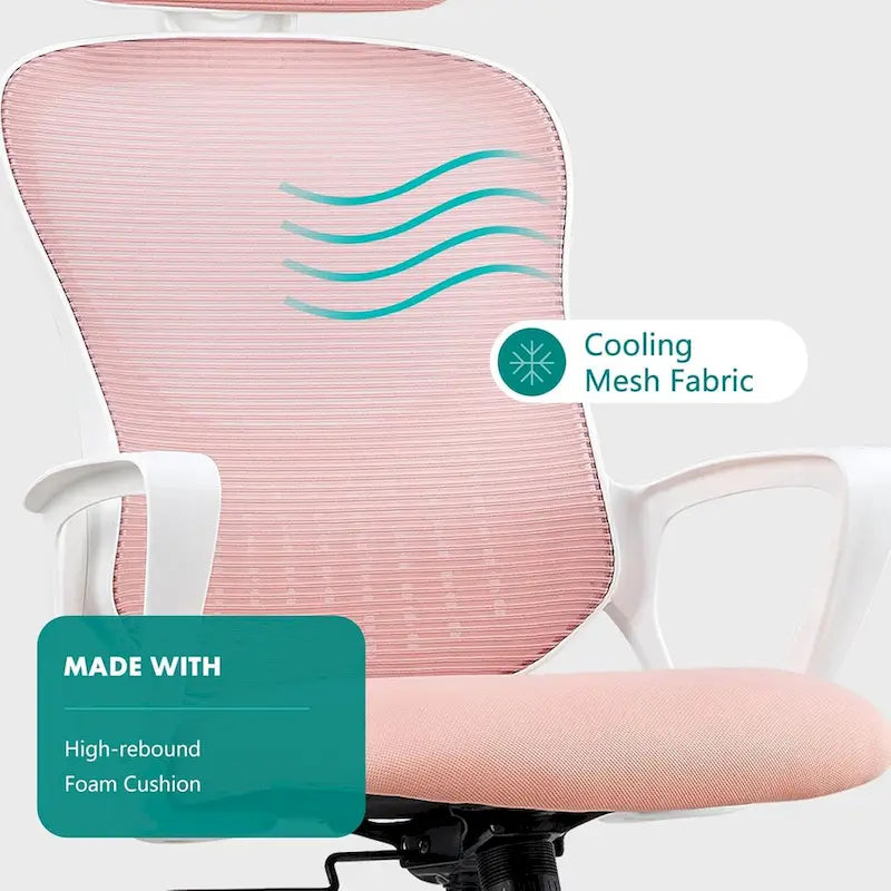 Sedia da Ufficio Ergonomica, Comoda Sedia da Scrivania per Computer in Rete con Schienale Alto e Braccioli Fissi e Poggiatesta Regolabile, Sedia Girevole con Ruote