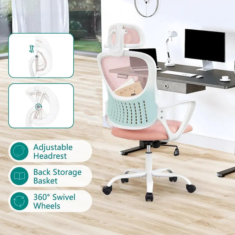 Sedia da Ufficio Ergonomica, Comoda Sedia da Scrivania per Computer in Rete con Schienale Alto e Braccioli Fissi e Poggiatesta Regolabile, Sedia Girevole con Ruote
