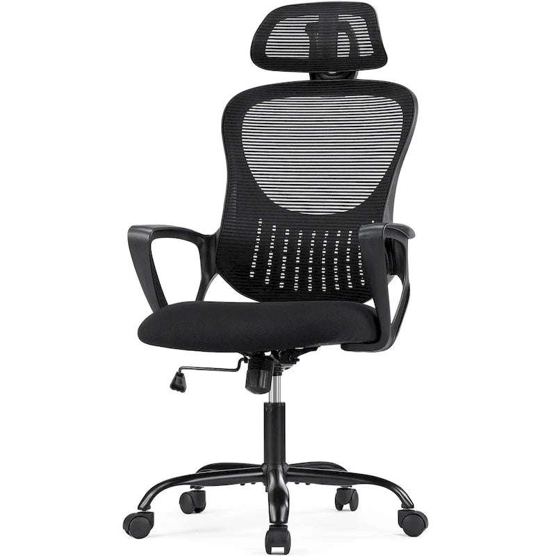 Sedia da Ufficio Ergonomica, Comoda Sedia da Scrivania per Computer in Rete con Schienale Alto e Braccioli Fissi e Poggiatesta Regolabile, Sedia Girevole con Ruote