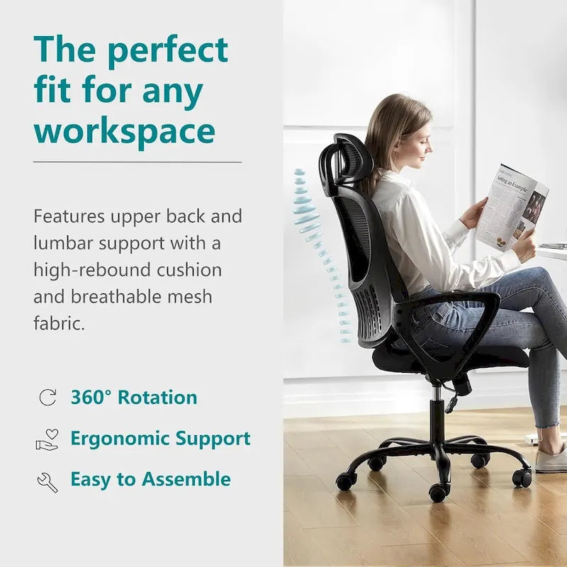 Sedia da Ufficio Ergonomica, Comoda Sedia da Scrivania per Computer in Rete con Schienale Alto e Braccioli Fissi e Poggiatesta Regolabile, Sedia Girevole con Ruote