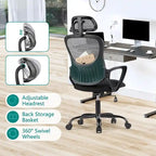 Sedia da Ufficio Ergonomica, Comoda Sedia da Scrivania per Computer in Rete con Schienale Alto e Braccioli Fissi e Poggiatesta Regolabile, Sedia Girevole con Ruote