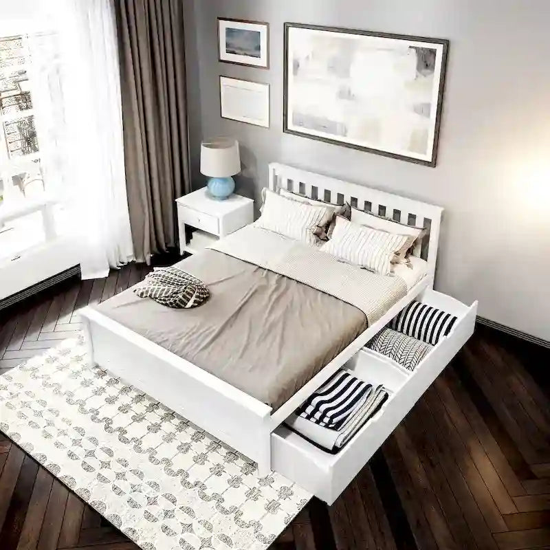 Letto Queen con cassetti portaoggetti e testiera a doghe