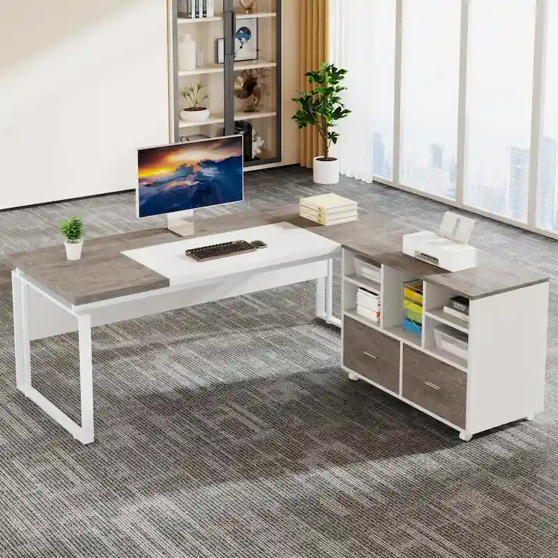 Scrivania Direzionale a L da 63 pollici con Cassettiera Reversibile Scrivania da Ufficio con Cassetti Contenitori