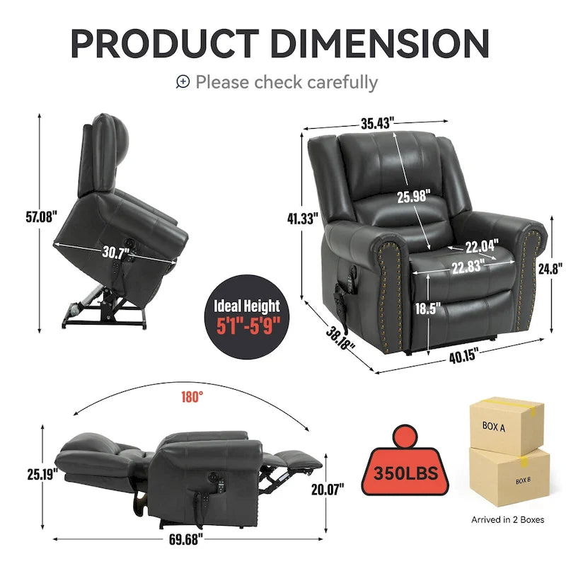 Poltrona reclinabile Power Lift con massaggio riscaldante, doppio motore, posizione infinita fino a 158 kg, meccanismo di movimento per impieghi gravosi con porte USB