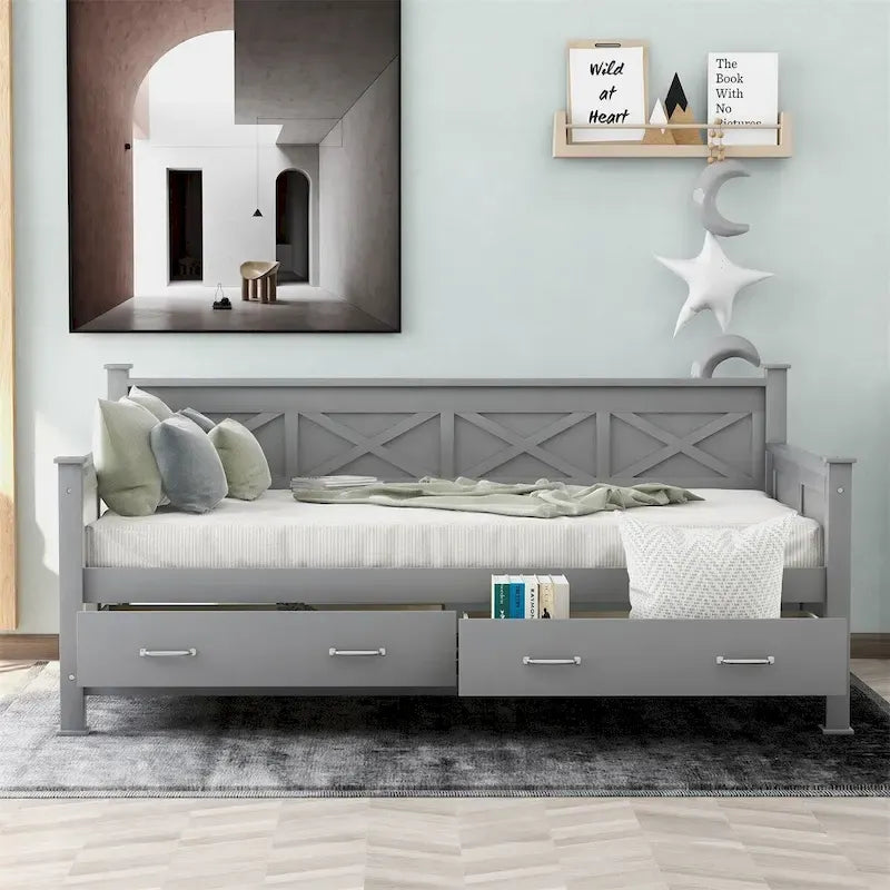 Divano letto singolo con 2 ampi cassetti contenitore e struttura a X