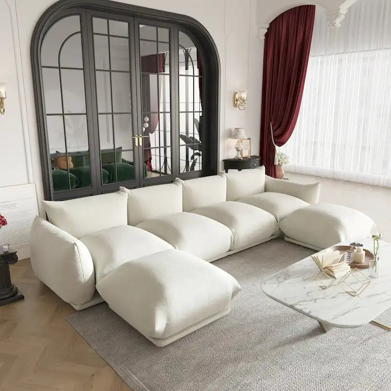 130 Divano componibile a U, Sezionale minimalista in ciniglia a 6 posti con chaise longue reversibile e pouf