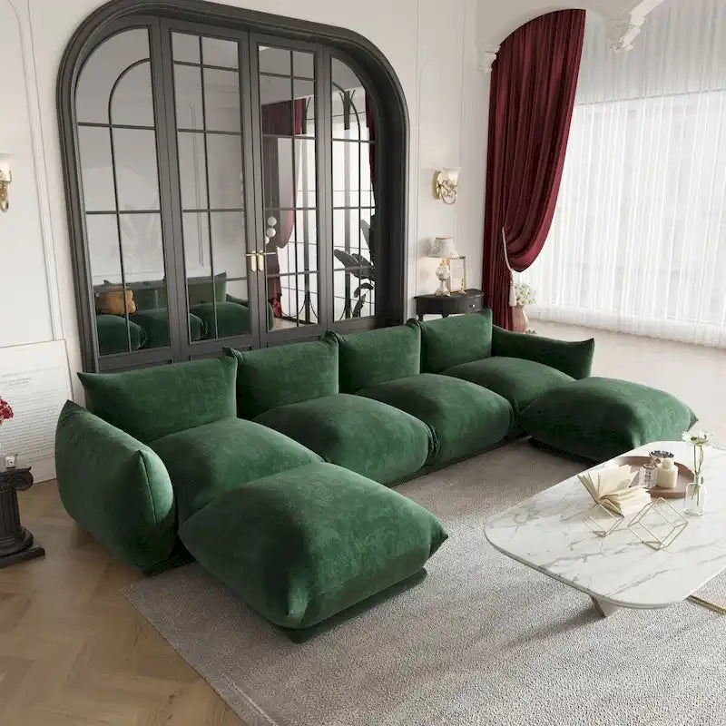 130 Divano componibile a U, Sezionale minimalista in ciniglia a 6 posti con chaise longue reversibile e pouf