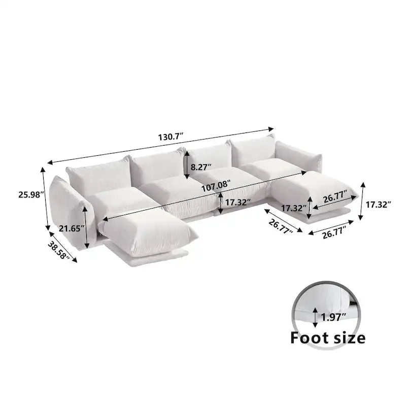130 Divano componibile a U, Sezionale minimalista in ciniglia a 6 posti con chaise longue reversibile e pouf