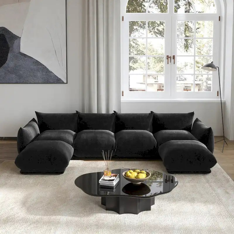 130 Divano componibile a U, Sezionale minimalista in ciniglia a 6 posti con chaise longue reversibile e pouf