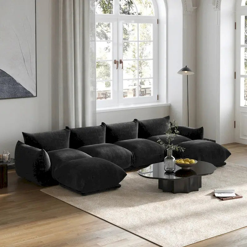 130 Divano componibile a U, Sezionale minimalista in ciniglia a 6 posti con chaise longue reversibile e pouf