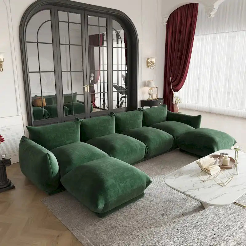 130 Divano componibile a U, Sezionale minimalista in ciniglia a 6 posti con chaise longue reversibile e pouf