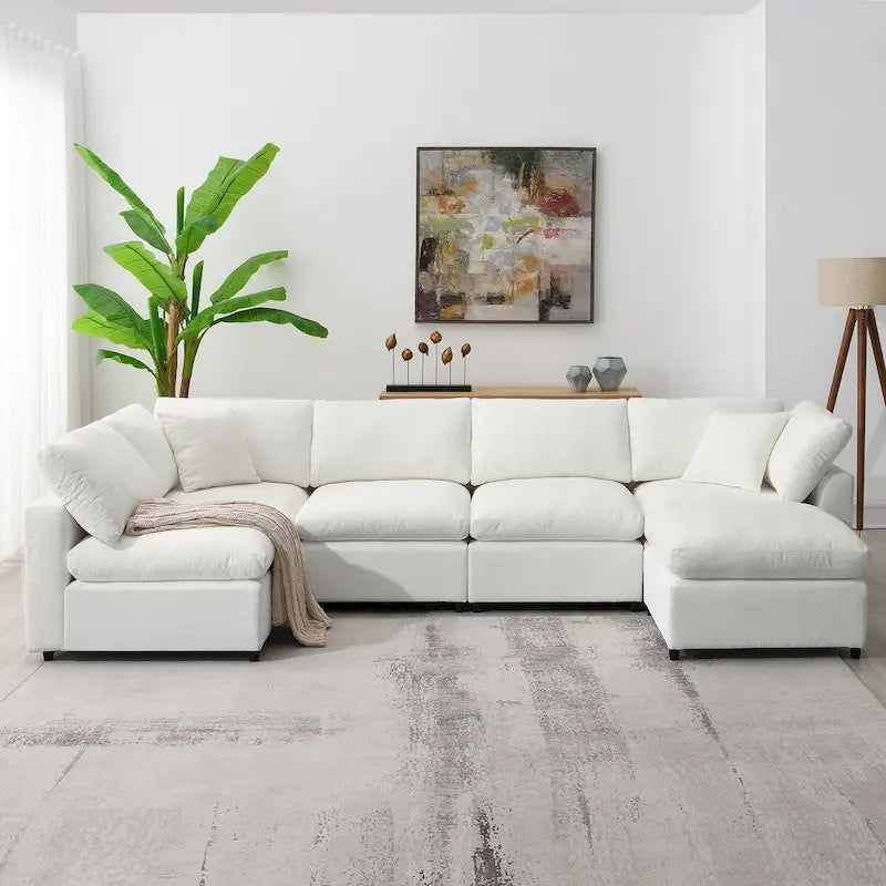 Divano letto componibile a U in ciniglia con pouf