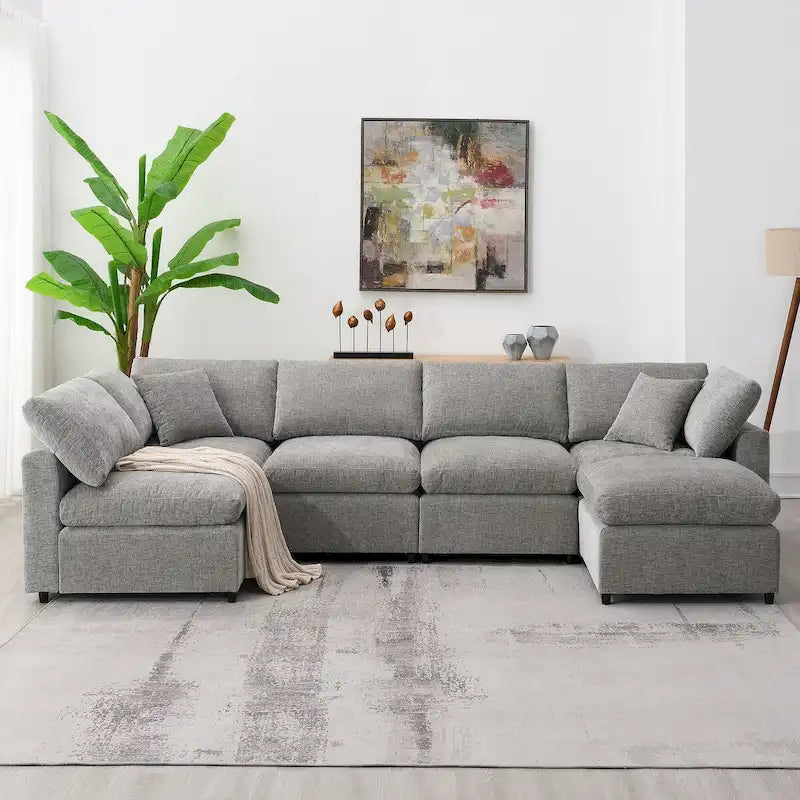 Divano letto componibile a U in ciniglia con pouf